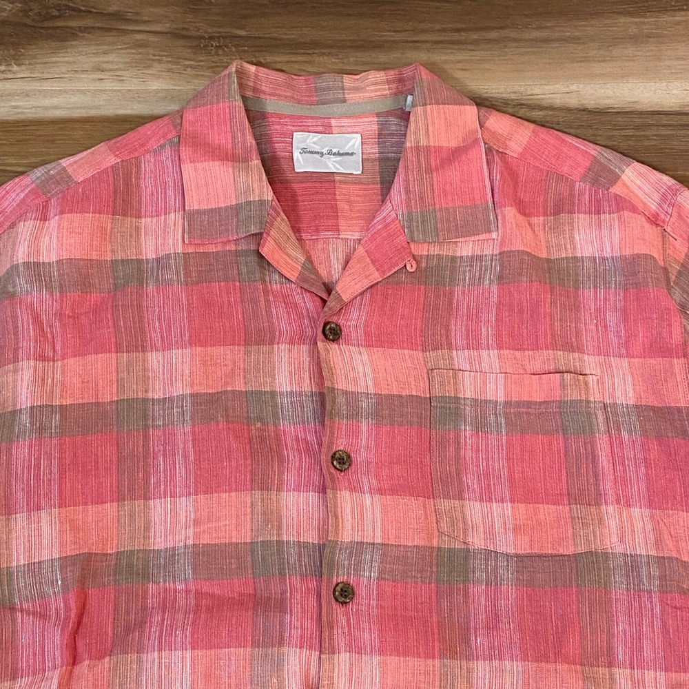 Tommy Bahama Linen Shirt Plaid Button Up Short Sleeve Mens Large